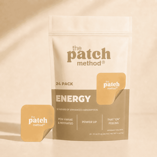 The Patch Method Energy 24-pack pouch with a yellow-orange patch peeling off the front, shown against a warm tan background