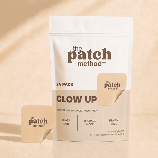 The Patch Method Glow Up 24-pack pouch with a tan patch peeling off the front, shown against a warm tan background