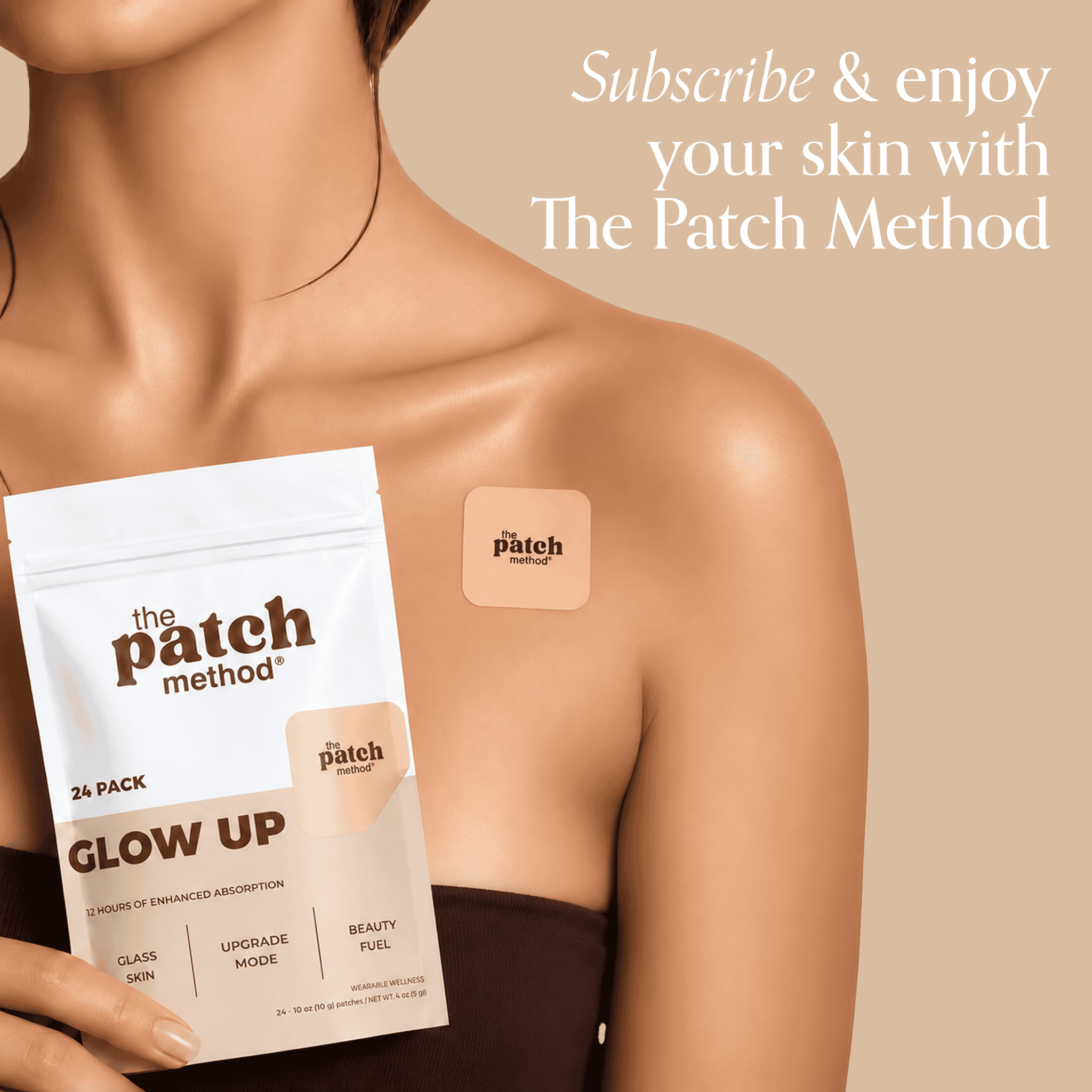 Close-up of a woman's shoulder and collarbone with a Patch Method patch and Glow Up pouch, next to the text Subscribe and enjoy your skin with The Patch Method