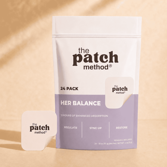 The Patch Method Her Balance 24-pack pouch with a lavender patch peeling off the front, labeled Regulate, Sync Up, and Restore