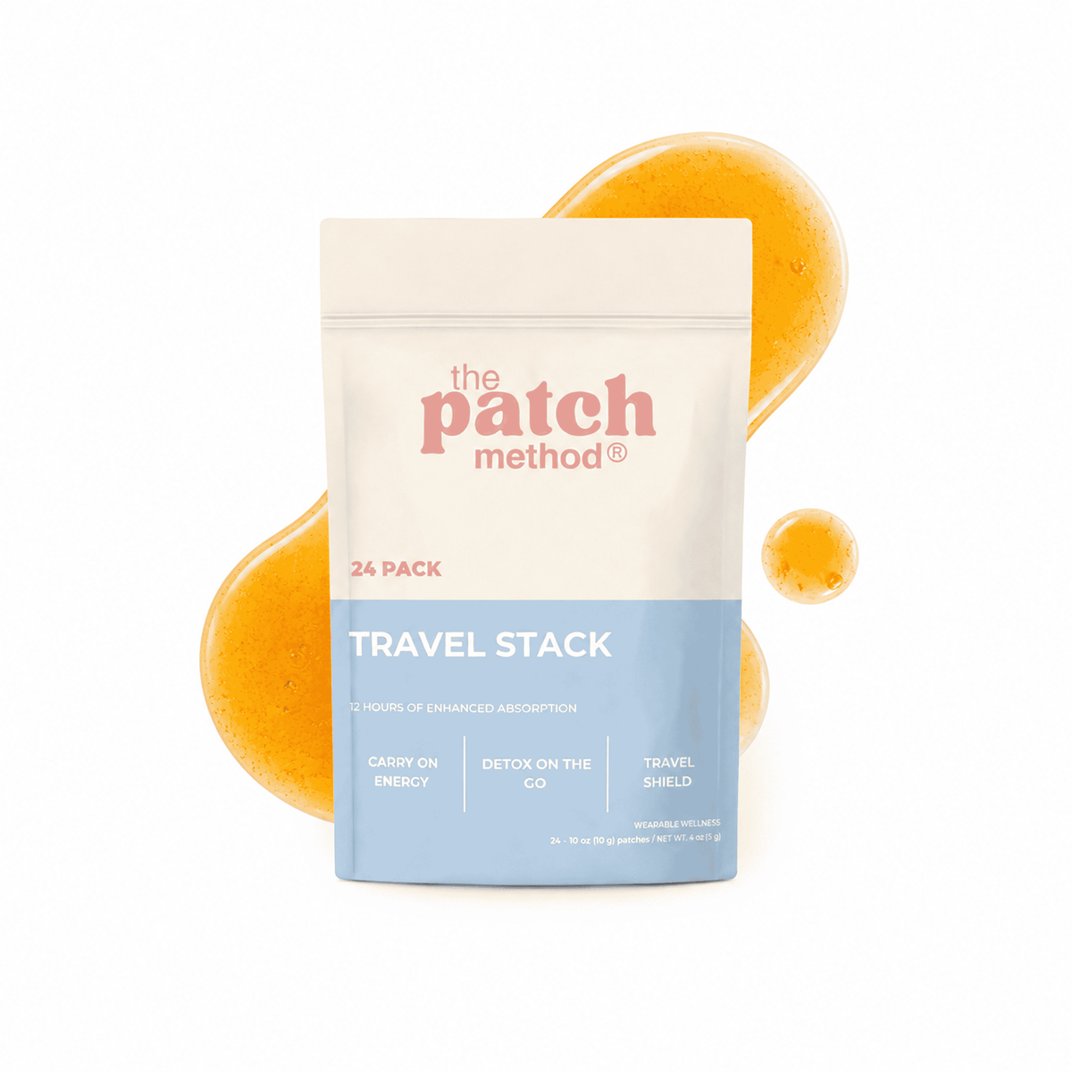 The Patch Method Travel Stack pouch lying on a golden gel puddle