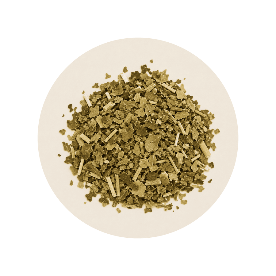 Natural Caffeine (Yerba Mate) ingredient close-up on a cream circular background