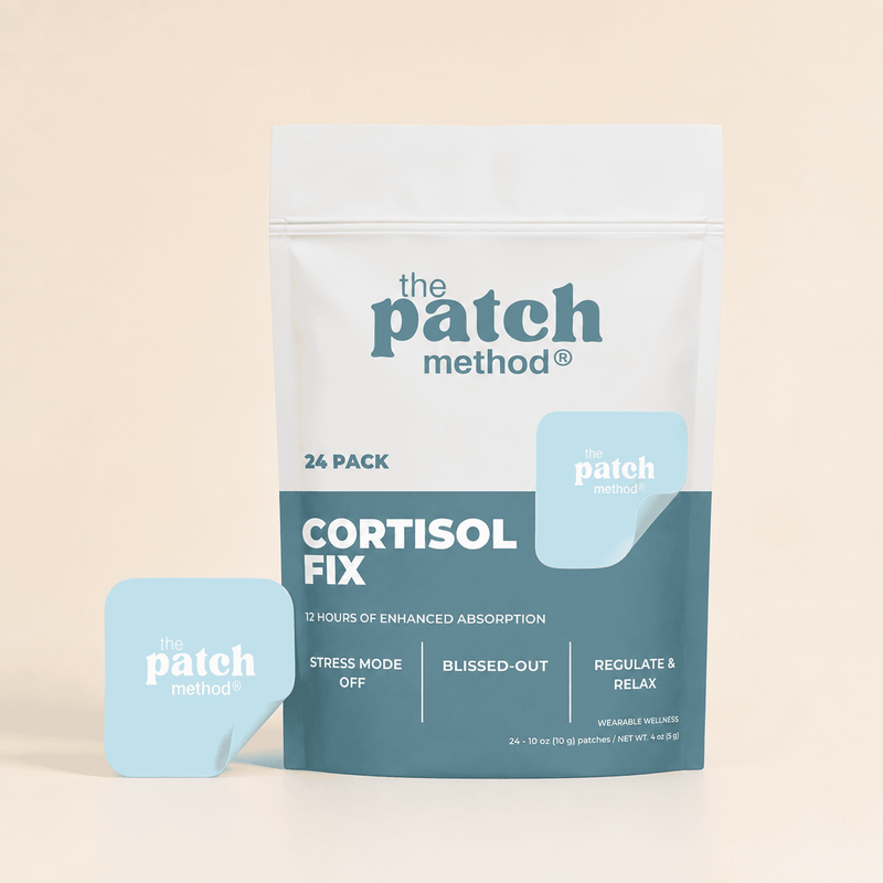The Patch Method Cortisol Fix 24-pack pouch with a tan patch peeling off the front, shown against a warm tan background