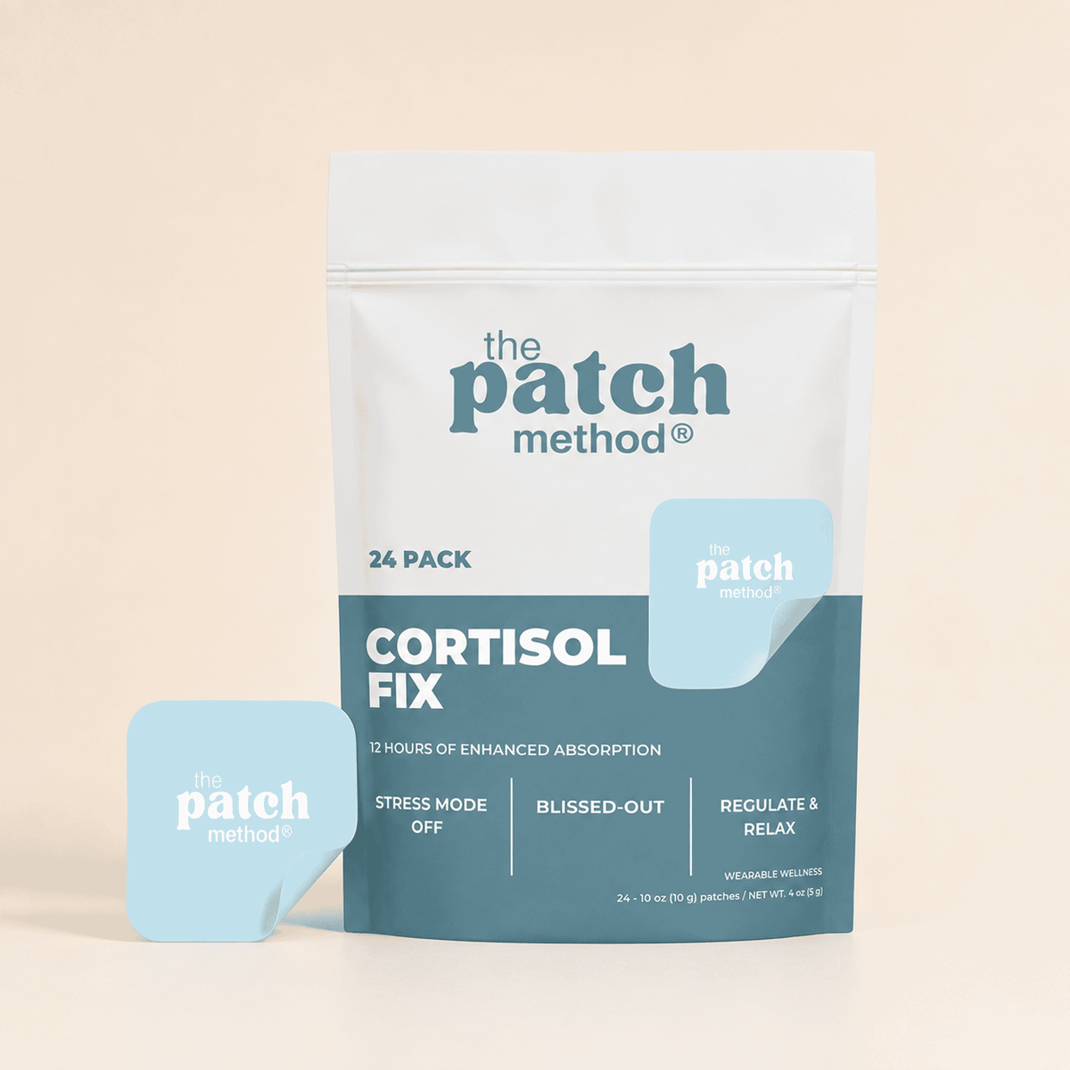 The Patch Method Cortisol Fix 24-pack pouch with a tan patch peeling off the front, shown against a warm tan background