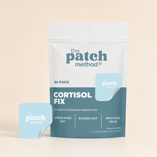The Patch Method Cortisol Fix 24-pack pouch with a tan patch peeling off the front, shown against a warm tan background