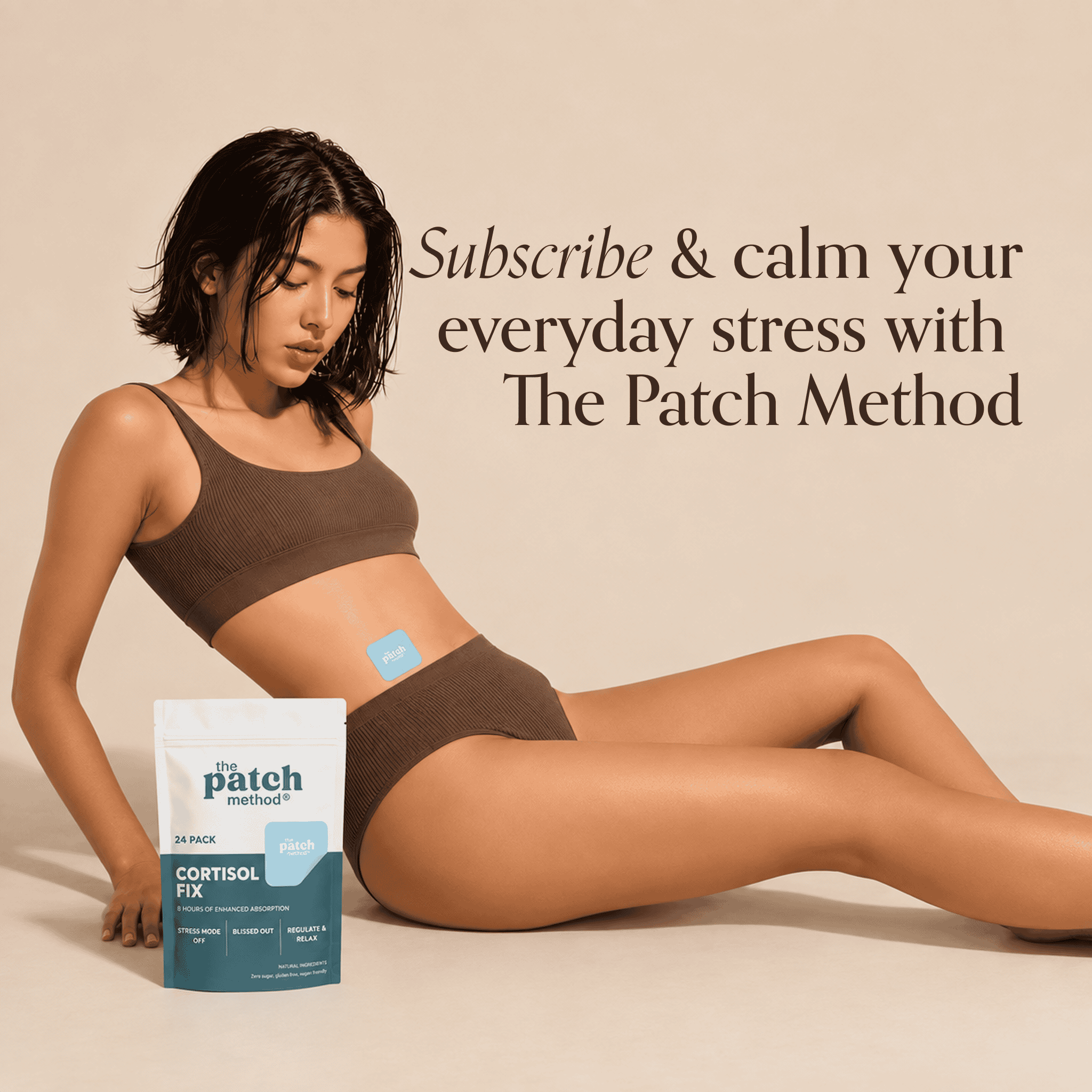 Woman holding a Cortisol Fix pouch with a patch on her shoulder next to the text Subscribe and calm your stress with The Patch Method