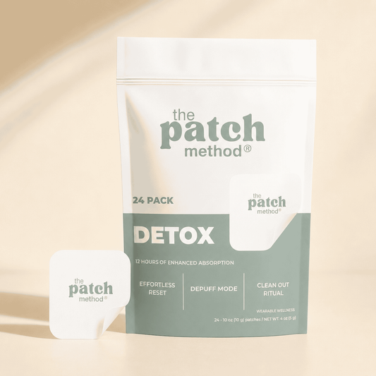 The Patch Method Detox 24-pack pouch with a tan patch peeling off the front, shown against a warm tan background
