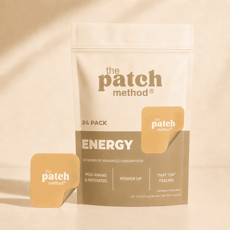 The Patch Method Energy 24-pack pouch with a yellow-orange patch peeling off the front, shown against a warm tan background