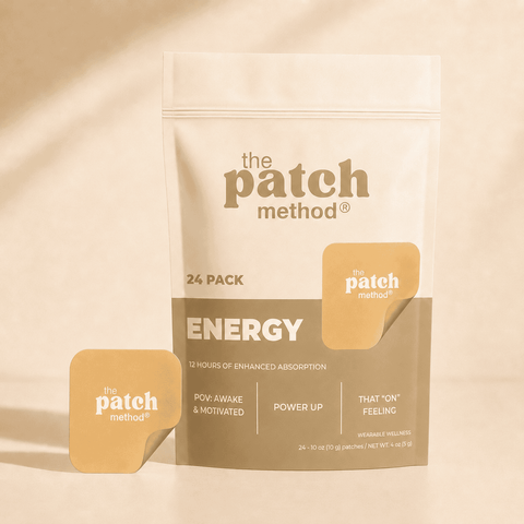 The Patch Method Energy 24-pack pouch with a yellow-orange patch peeling off the front, shown against a warm tan background