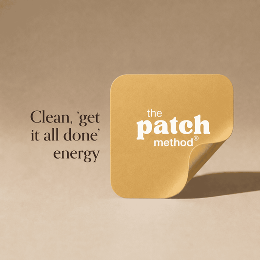 Supplement Facts label for the Energy patch listing Caffeine Anhydrous, B-Vitamins, L-Tyrosine, Green Tea Extract, and other ingredients per patch serving