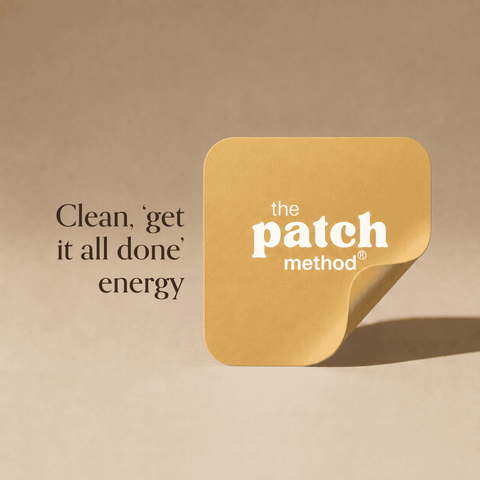 Supplement Facts label for the Energy patch listing Caffeine Anhydrous, B-Vitamins, L-Tyrosine, Green Tea Extract, and other ingredients per patch serving