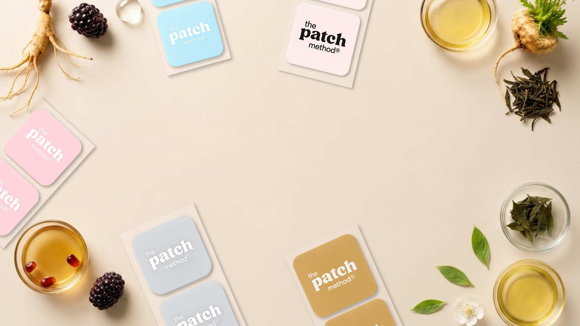 Collage of colored Patch Method patch tiles (blue, pink, gray, tan, gold) surrounded by botanical ingredients including ginseng root, blackberries, pomegranate, tea leaves, and oils
