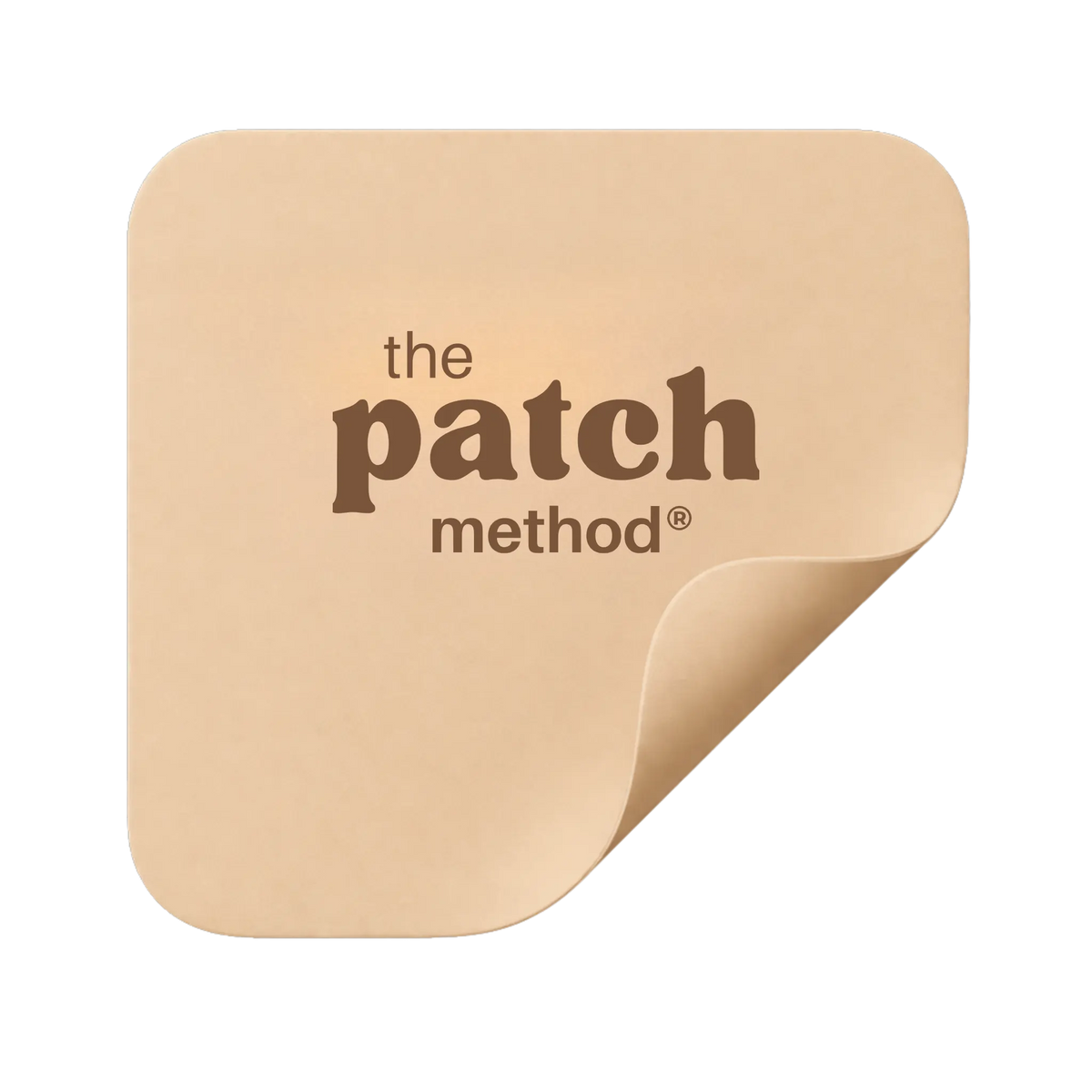 Tan The Patch Method patch icon with a peeled corner, shown on a transparent background