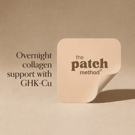 Ingredient wheel showing powders and botanicals arranged around a Patch Method logo tile, labeled Topical Delivery, Enhanced Benefits, 10+ Vitamins, Nutrient Rich, Convenient, and Superior Absorption