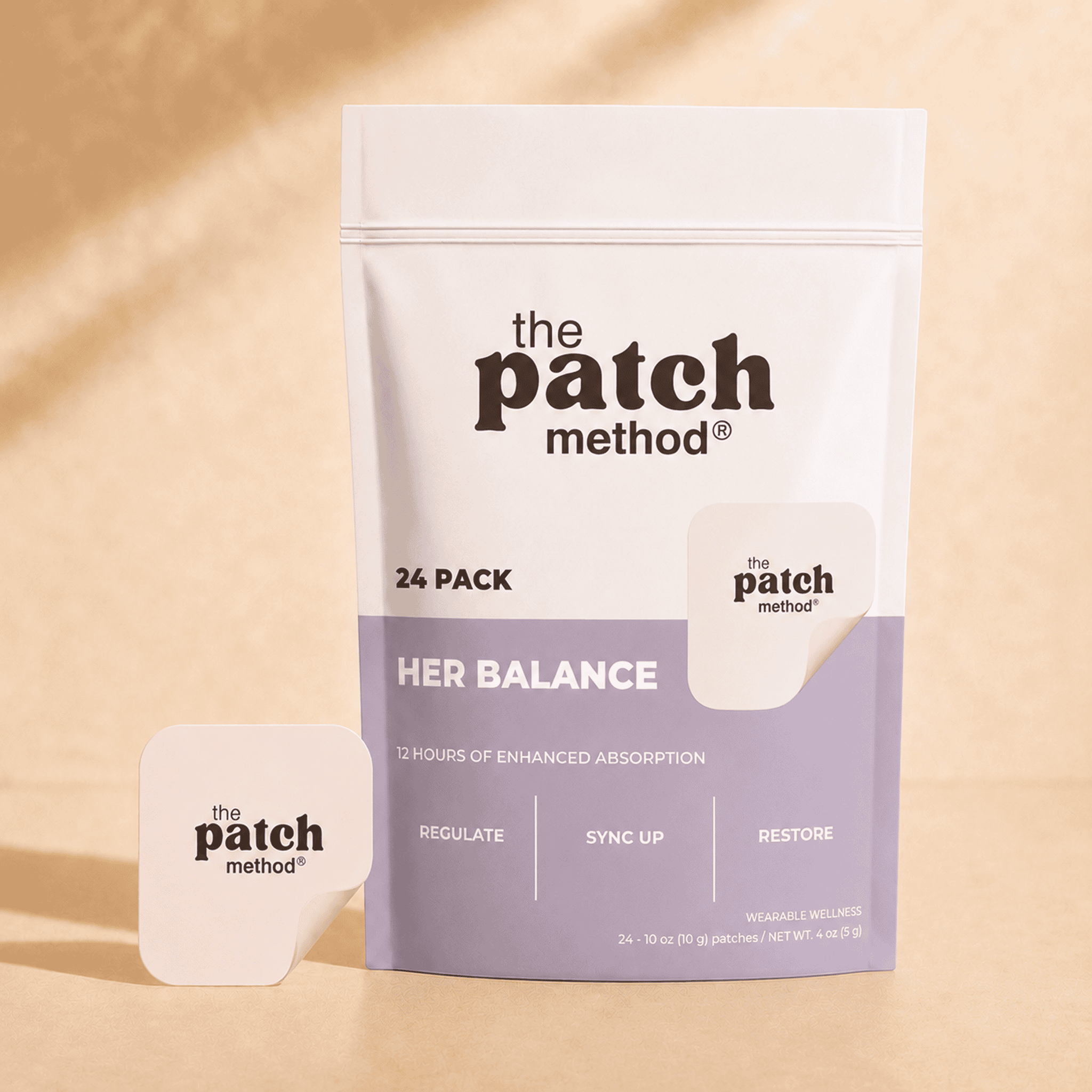 The Patch Method Her Balance 24-pack pouch with a lavender patch peeling off the front, labeled Regulate, Sync Up, and Restore