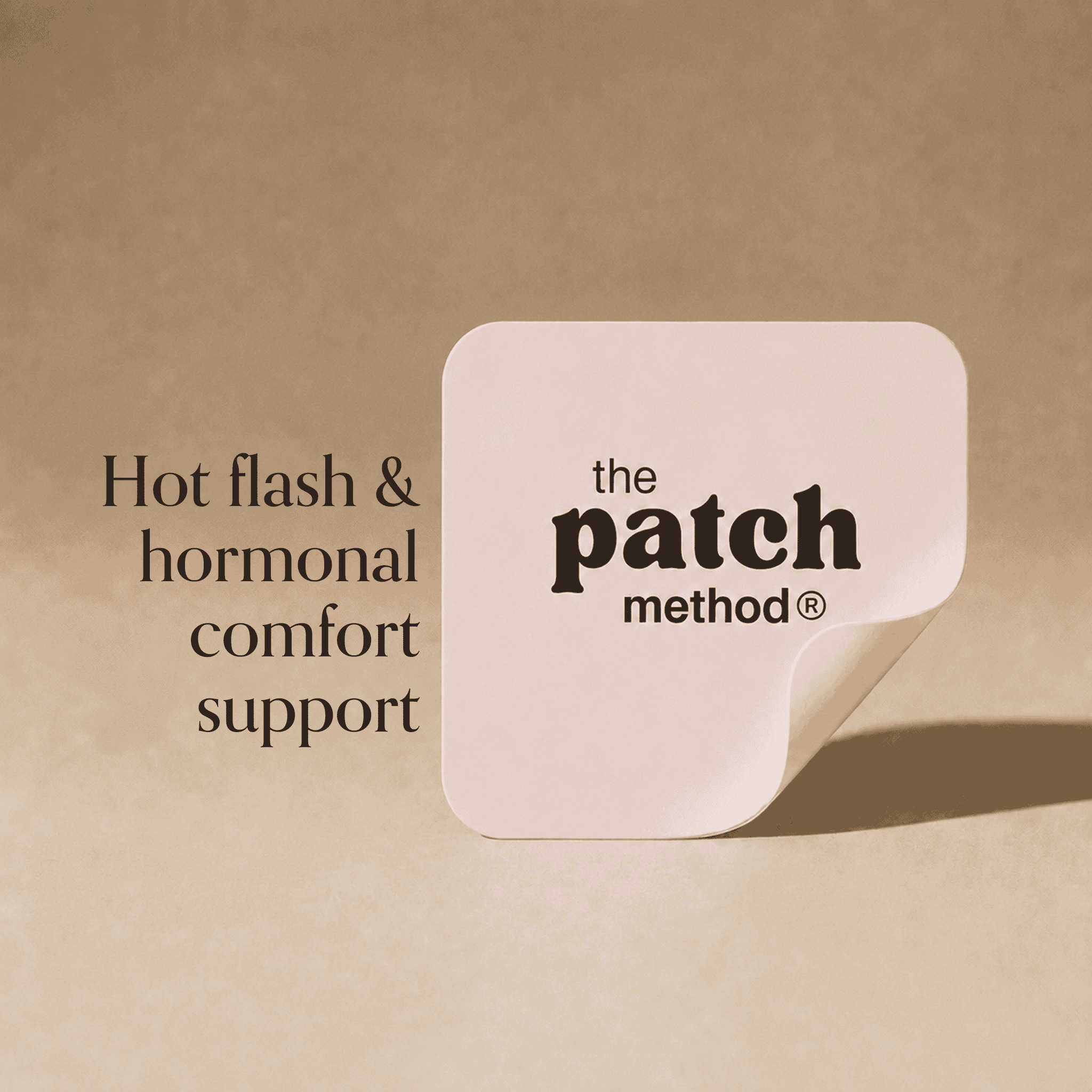 Lavender Patch Method patch shown against a tan background beside the text Hot flash and hormonal comfort support