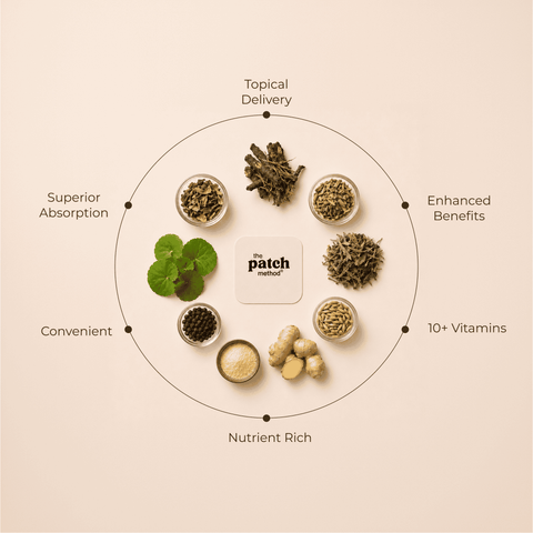 Ingredient wheel showing dried herbs and botanicals arranged around a Patch Method logo tile, labeled Topical Delivery, Enhanced Benefits, 10+ Vitamins, Nutrient Rich, Convenient, and Superior Absorption