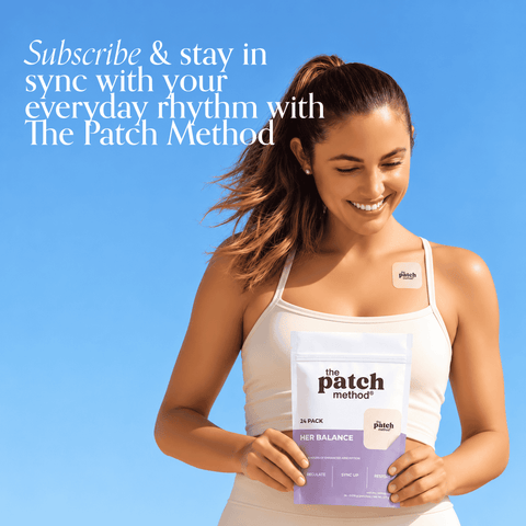 Smiling woman outdoors holding a Her Balance pouch with a patch on her chest, next to the text Subscribe and stay in sync with your everyday rhythm with The Patch Method