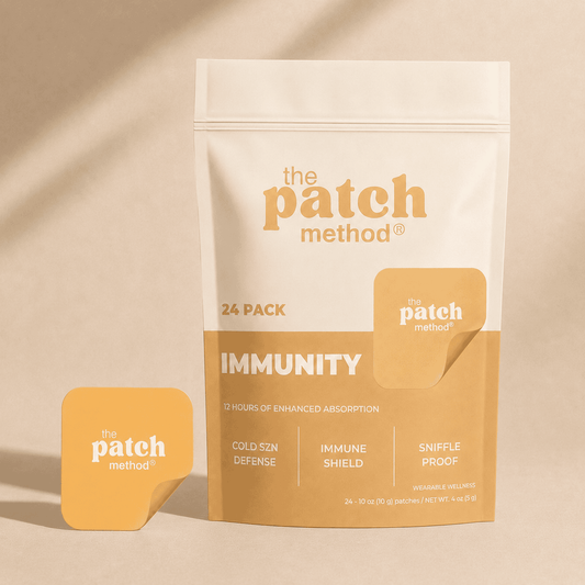 The Patch Method Immunity 24-pack pouch with a golden-yellow patch peeling off the front, labeled Cold SZN Defense, Immune Shield, and Sniffle Proof