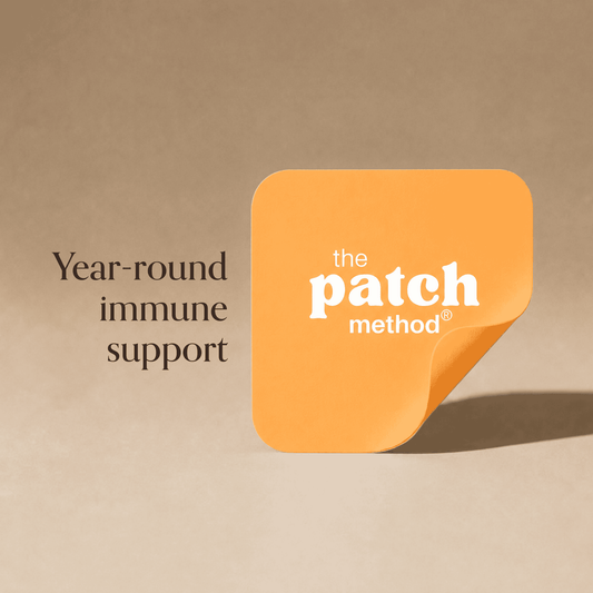 Golden-yellow Patch Method patch shown against a tan background beside the text Year-round immune support