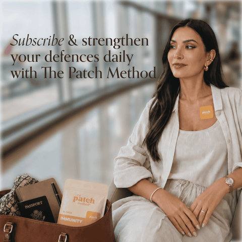 Woman at an airport window seat with an Immunity patch on her chest and an Immunity pouch in her travel bag, next to the text Subscribe and strengthen your defences daily with The Patch Method