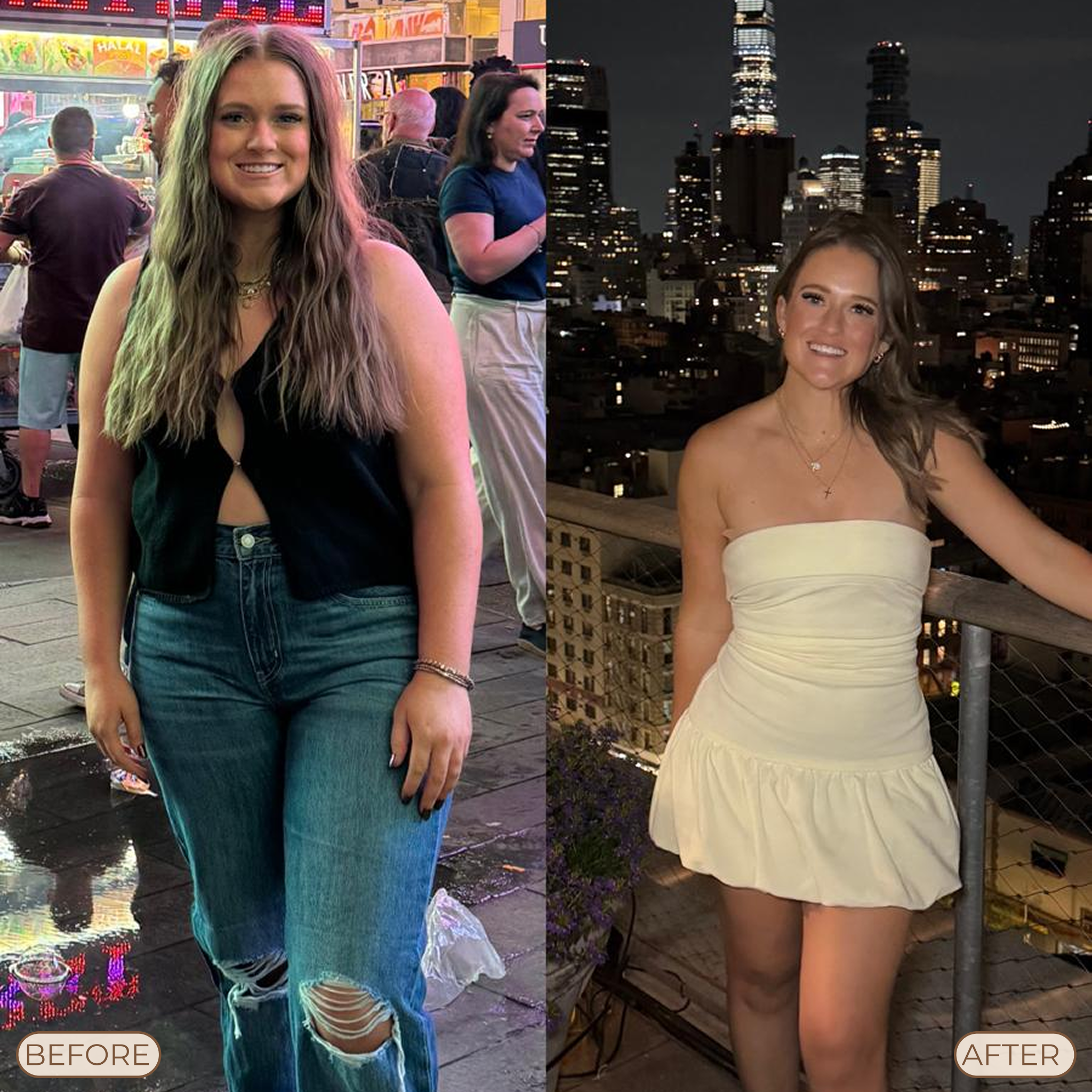 Before-and-after wellness transformation image featured by The Lab from The Patch Method, showing the same woman at two stages of her health journey.