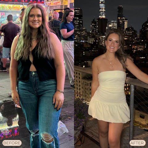 Before-and-after wellness transformation image featured by The Lab from The Patch Method, showing the same woman at two stages of her health journey.