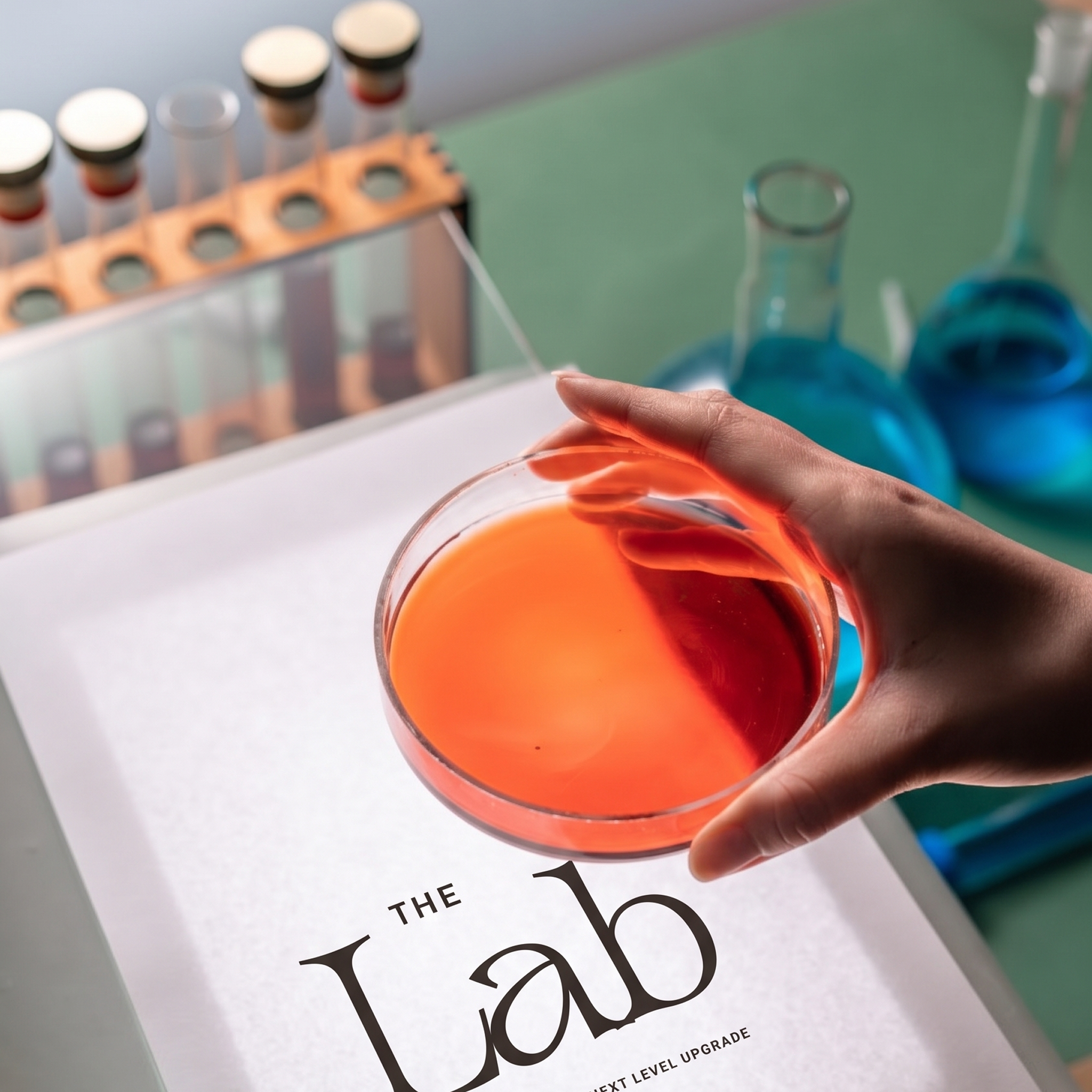 The Lab by The Patch Method wellness testing concept with a hand holding a laboratory petri dish above The Lab branding.
