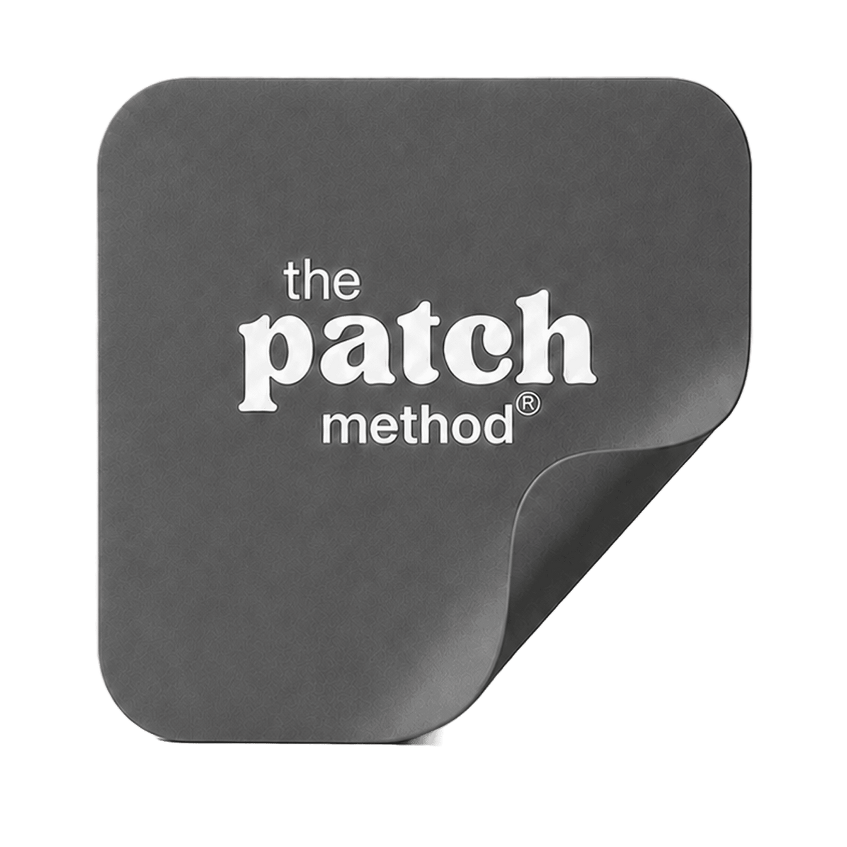 Charcoal-gray The Patch Method patch icon with a peeled corner, shown on a transparent background
