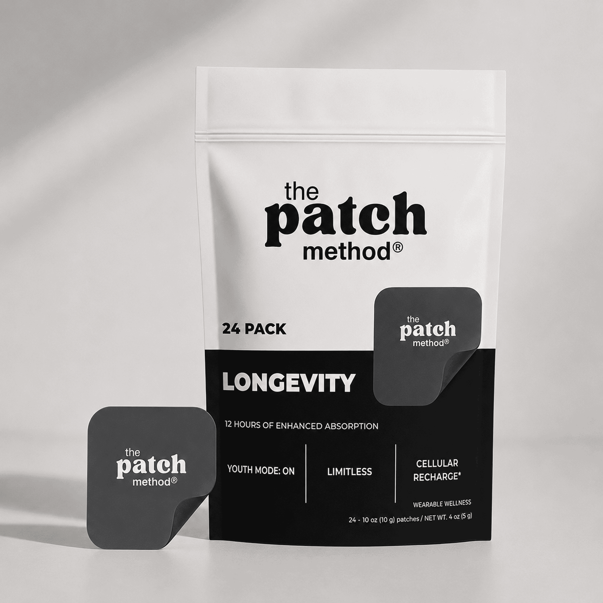 The Patch Method Longevity 24-pack pouch (NAD+ formula) with a charcoal-gray patch peeling off the front, labeled Youth Mode: On, Limitless, and Cellular Recharge