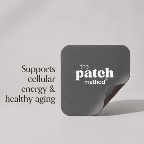 Charcoal-gray Patch Method patch shown against a light gray background beside the text Supports cellular energy and healthy aging