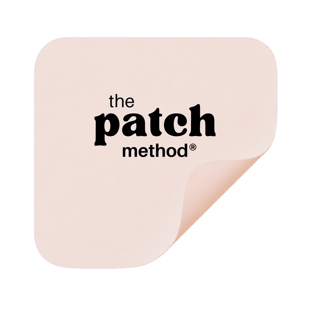 Blush-pink The Patch Method patch icon with a peeled corner, shown on a transparent background