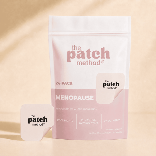 The Patch Method Menopause 24-pack pouch with a blush-pink patch peeling off the front, labeled Cool Nights, Proactive Not Reactive, and Unbothered