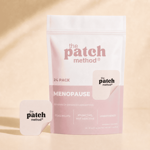 The Patch Method Menopause 24-pack pouch with a blush-pink patch peeling off the front, labeled Cool Nights, Proactive Not Reactive, and Unbothered