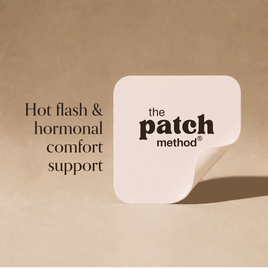 Blush-pink Patch Method patch shown against a tan background beside the text Hot flash and hormonal comfort support