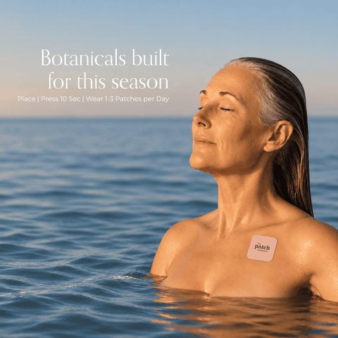 Woman floating in ocean water at sunset with a patch on her chest, next to the text Botanicals built for this season and usage instructions Place, Press 10 Sec, Wear 1-3 Patches per Day