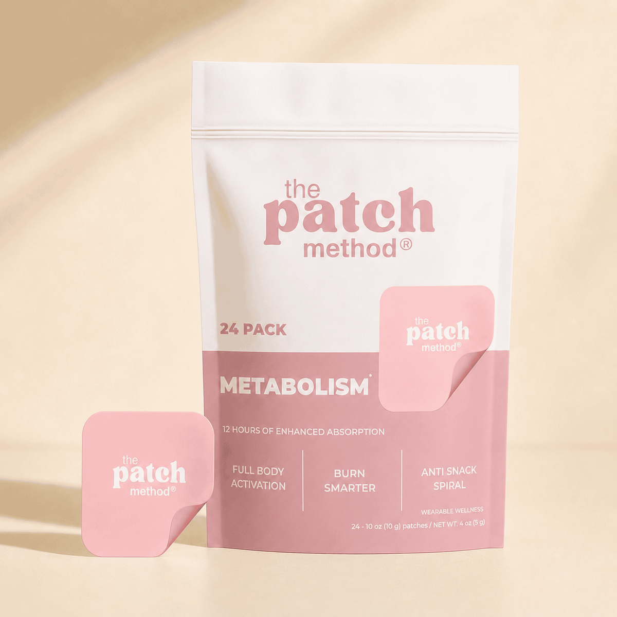The Patch Method Metabolism 24-pack pouch with a pink patch peeling off the front, labeled Full Body Activation, Burn Smarter, and Anti Snack Spiral
