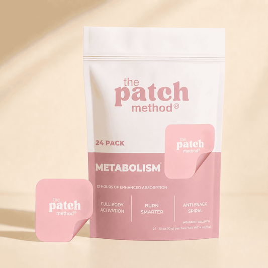 The Patch Method Metabolism 24-pack pouch with a pink patch peeling off the front, labeled Full Body Activation, Burn Smarter, and Anti Snack Spiral