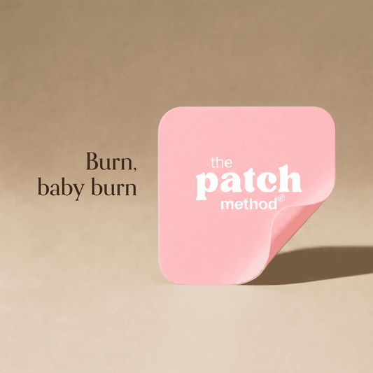Pink Patch Method patch shown against a tan background beside the text Burn, baby burn