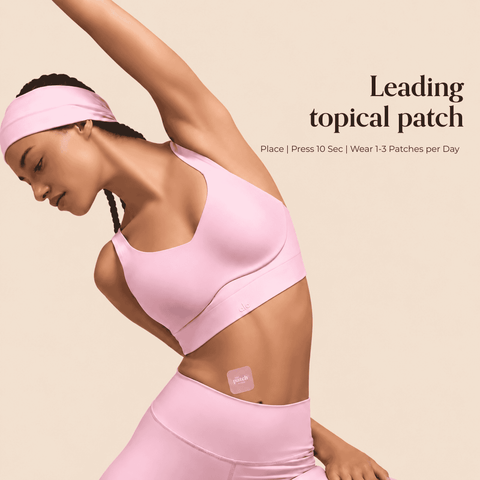 Woman in a pink sports bra stretching in a yoga pose with a pink patch on her side, next to the text Leading topical patch and usage instructions Place, Press 10 Sec, Wear 1-3 Patches per Day