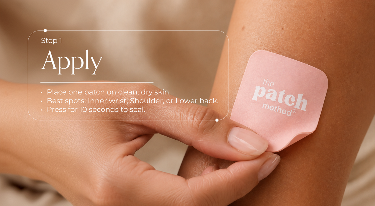 Step 1: Apply — hand pressing a pink Patch Method patch onto an upper arm, with instructions to place one patch on clean, dry skin at the inner wrist, shoulder, or lower back and press for 10 seconds to seal