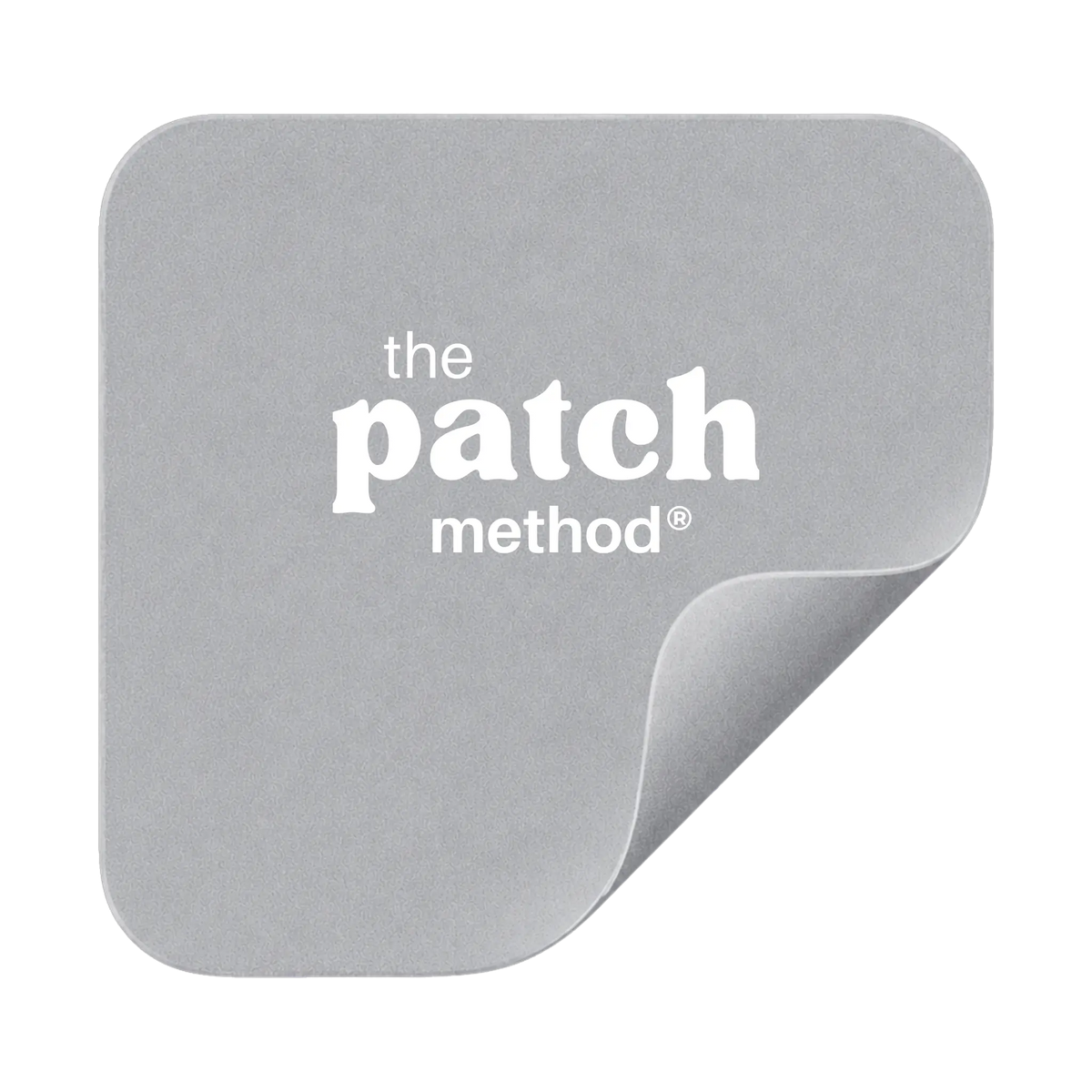 Gray The Patch Method patch icon with a peeled corner, shown on a transparent background