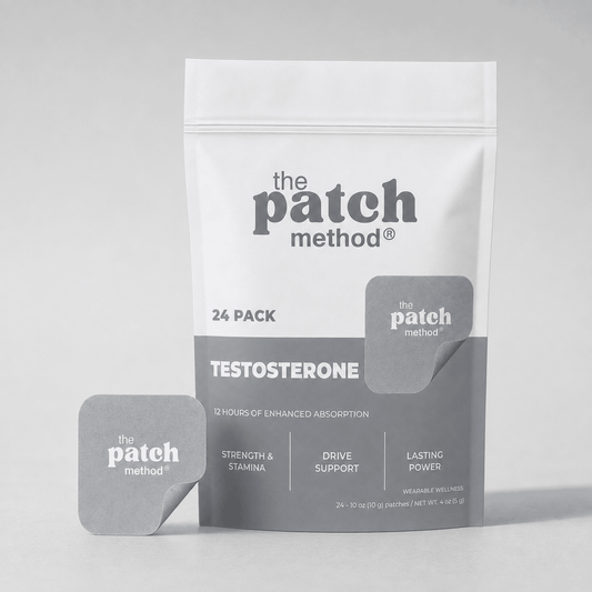The Patch Method Testosterone 24-pack pouch with a gray patch peeling off the front, labeled Strength & Stamina, Drive Support, and Lasting Power
