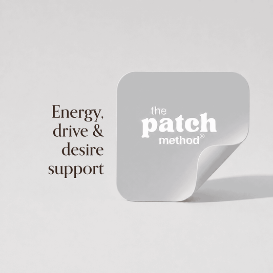 Gray Patch Method patch shown against a light gray background beside the text Energy, drive and desire support