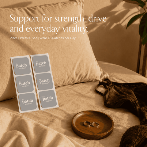 Two strips of gray Patch Method patches displayed on a bed beside rings in a dish, next to the text Support for strength, drive and everyday vitality and usage instructions Place, Press 10 Sec, Wear 1-3 Patches per Day