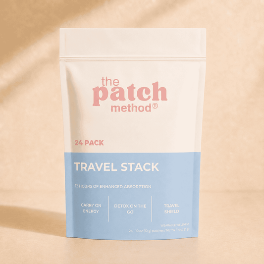 The Patch Method Travel Stack 24-pack pouch labeled Carry On Energy, Detox on the Go, and Travel Shield