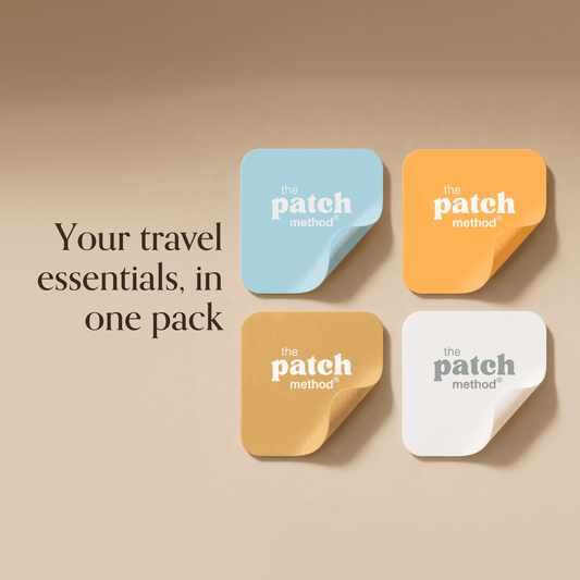 Four Patch Method patches in blue, orange, tan, and white arranged in a grid beside the text Your travel essentials, in one pack