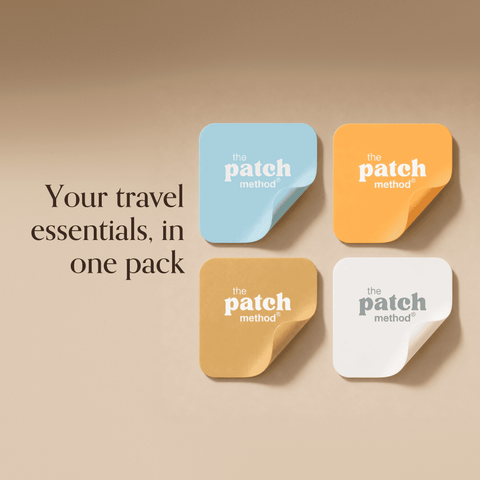 Four Patch Method patches in blue, orange, tan, and white arranged in a grid beside the text Your travel essentials, in one pack