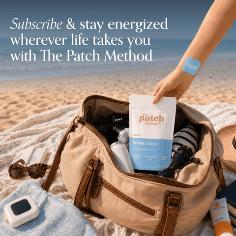 Beach bag packed with a camera, sunglasses, and a Travel Stack pouch, with a blue patch on the woman's arm, next to the text Subscribe and stay energized wherever life takes you with The Patch Method